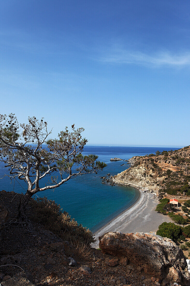 Blick über die Bucht von Agia Fotia, Agia Fotia, Präfektur Lasithi, Kreta, Griechenland