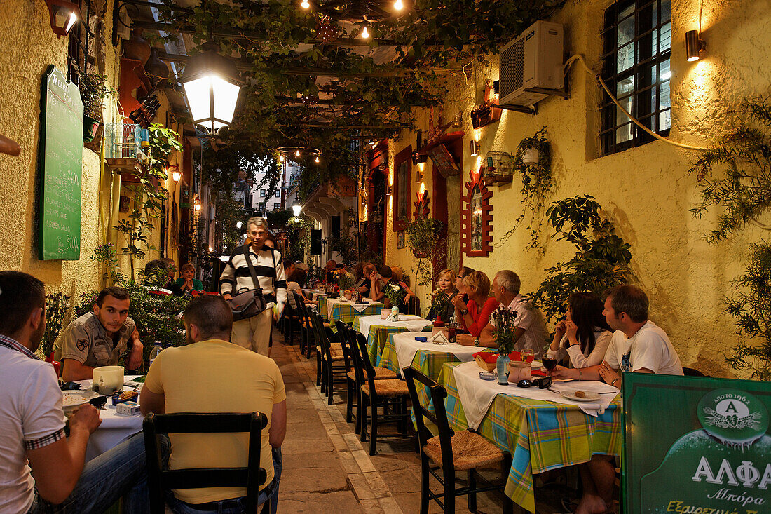 Restaurants in a lane, old town, Rethymnon, Crete, Greece