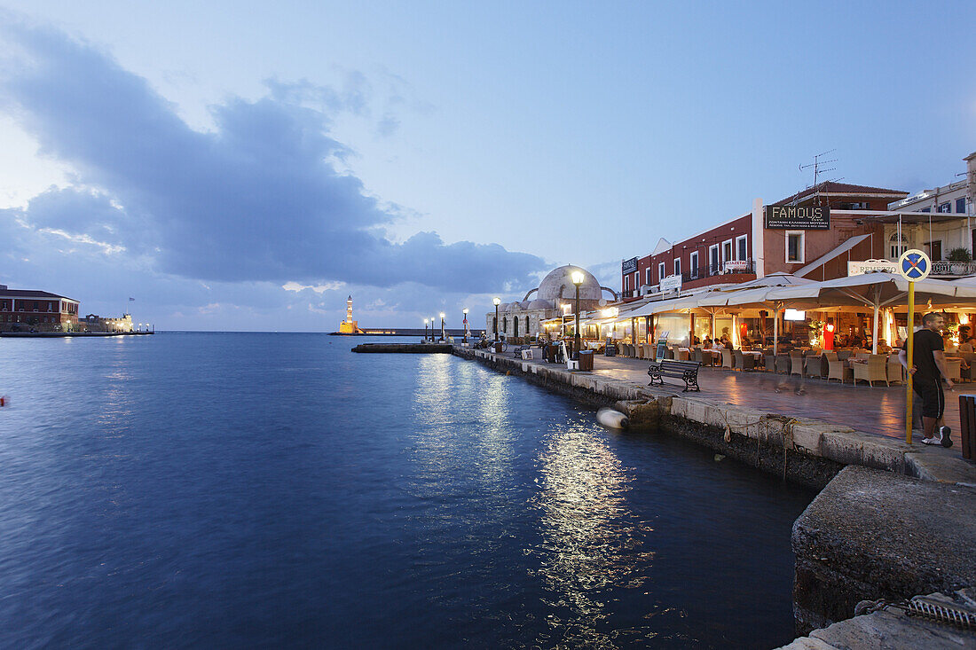 Restaurants, Turkish Mosque Yiali Tzami, Venetian port, Chania, Crete, Greece