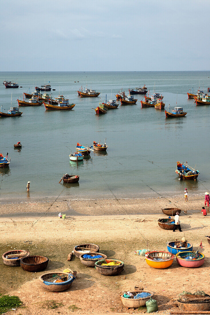 Hafen mit Fischerbooten und Coracles, Mui Ne, Binh Thuan, Vietnam
