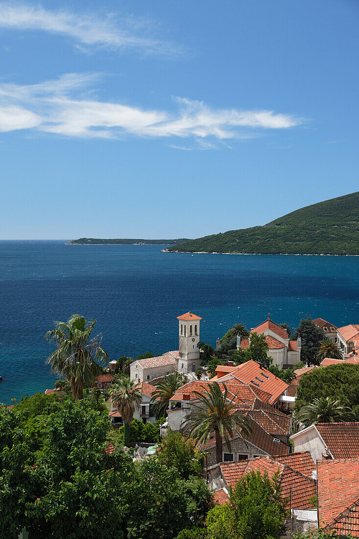 View over the roofs of the old town of Herceg Novi onto the Bay of Kotor, Montenegro, Europe