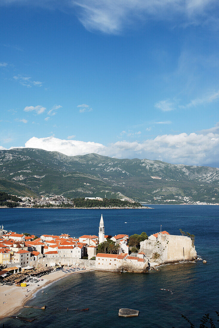City view with bell tower of Sveti Ivana cathedral, Budva, Montenegro, Europe