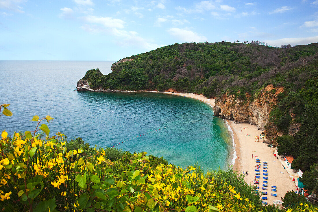 High angle view onto Mogren Beach, Budva, Montenegro, Europe