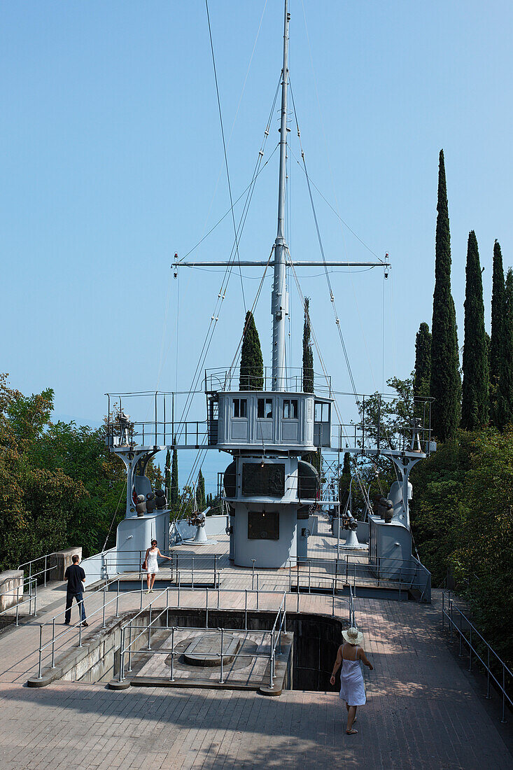 Tourists, Warship Puglia, Vittoriale degli Italiani, Gardone Riviera, Lake Garda, Lombardy, Italy