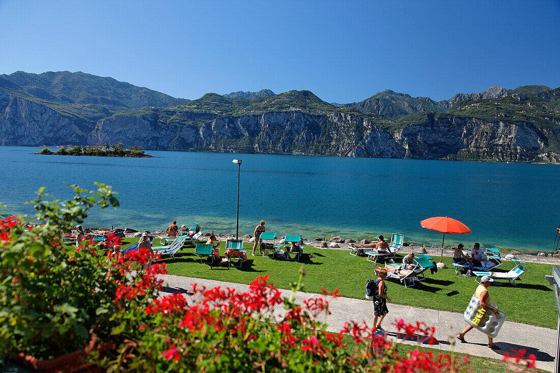 People sunbathing, Malcesine, Lake Garda, Veneto, Italy