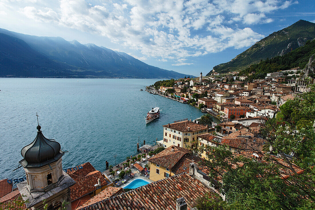 Excursion boat, view over Limone, Lake Garda, Lombardy, Italy