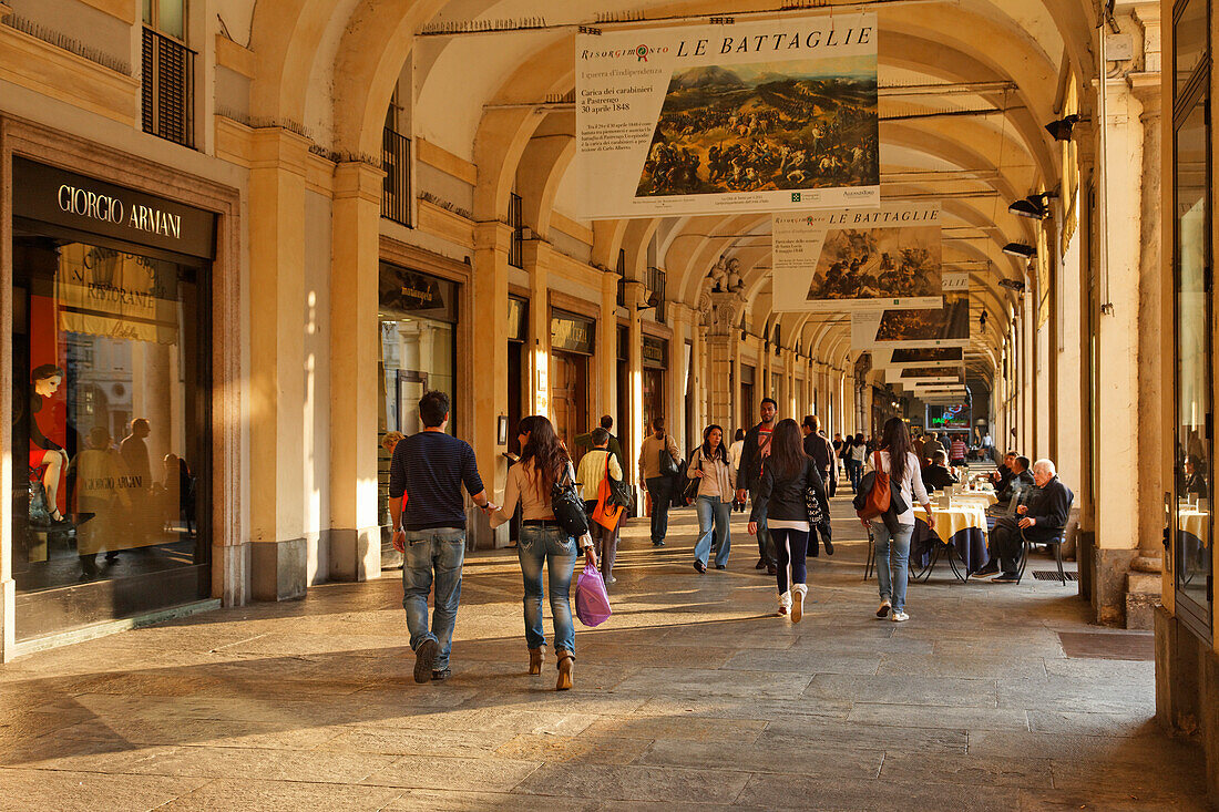 Arkaden, Piazza San Carlo, Turin, Piemont, Italien