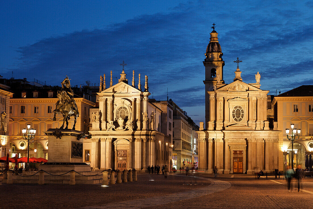 Statue Emanuele Filiberto, Church of Santa Cristina, Church of San Carlo, Piazza San Carlo, Turin, Piedmont, Italy