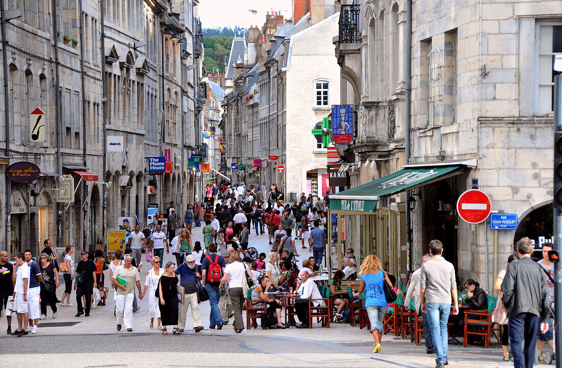 People on the Grande-Rue, old town of Besancon, Jura, Franche Comté, Eastern France, Europe