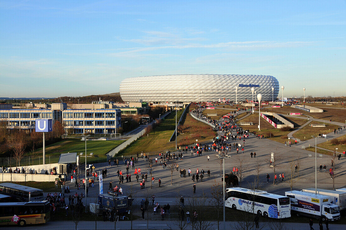 People in front of the Allianz Arena, Munich, Bavaria, Germany, Europe
