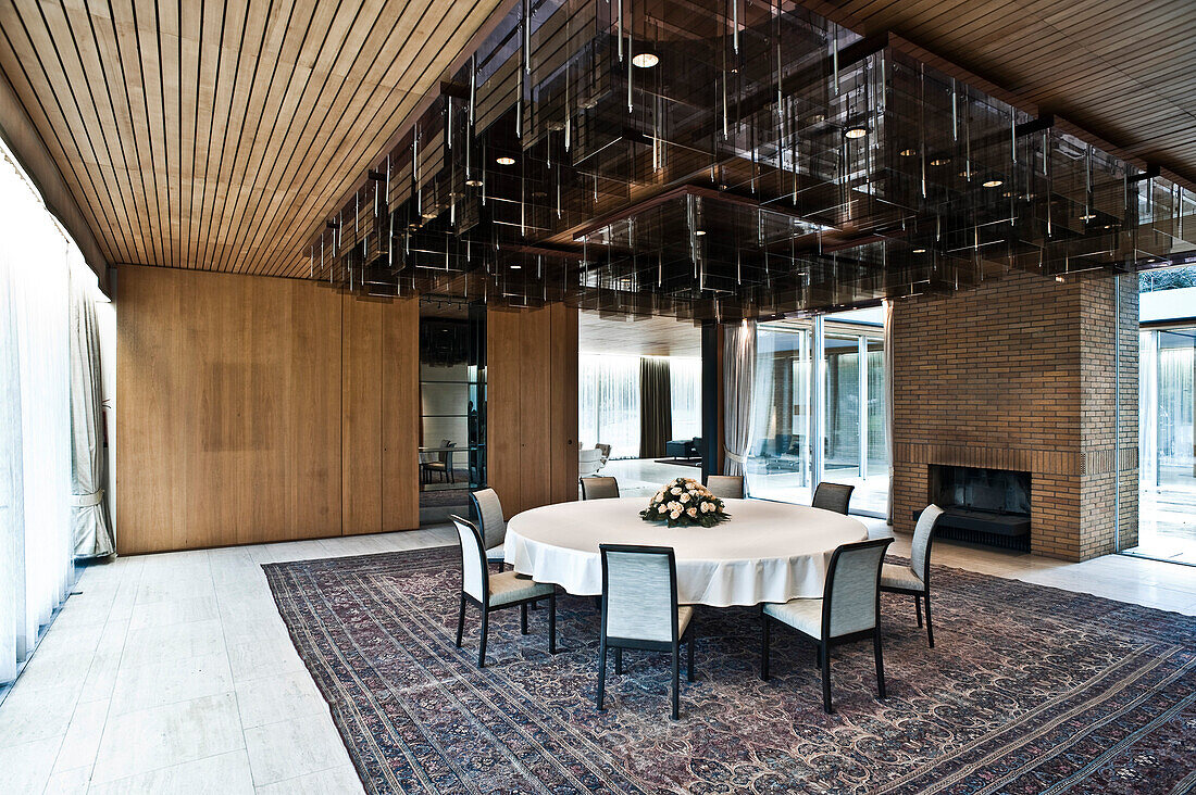 Dining room with massive ceiling lamp, official chancellor bungalow, built 1964, Bonn, Germany, Europe