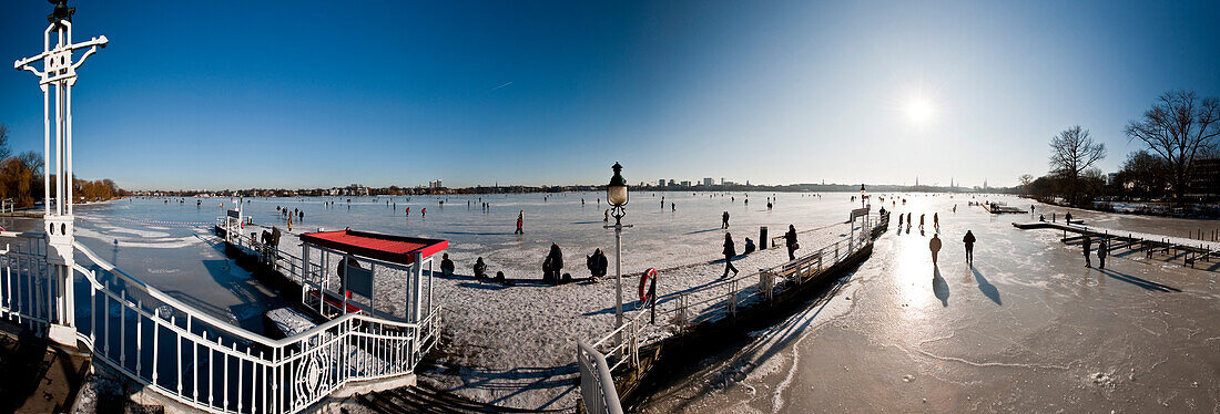 Frozen Aussenalster in the sunlight, winter impressions, Hamburg, Germany, Europe