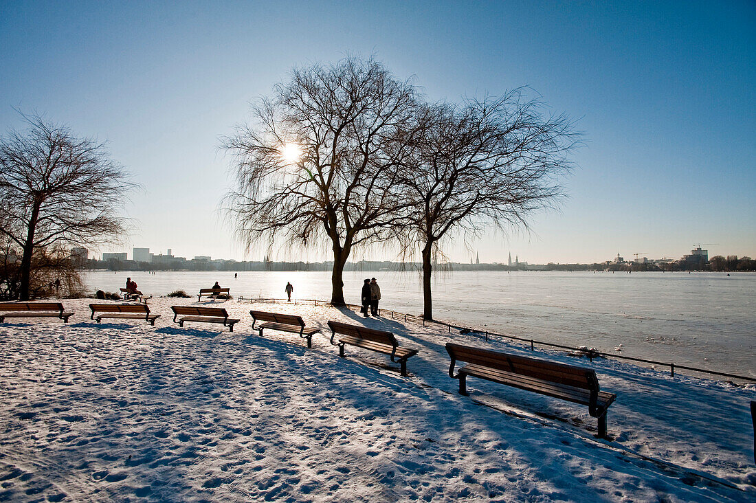 Verschneites Ufer der zugefrorenen Aussenalster, Winterimpressionen, Hamburg, Deutschland, Europa