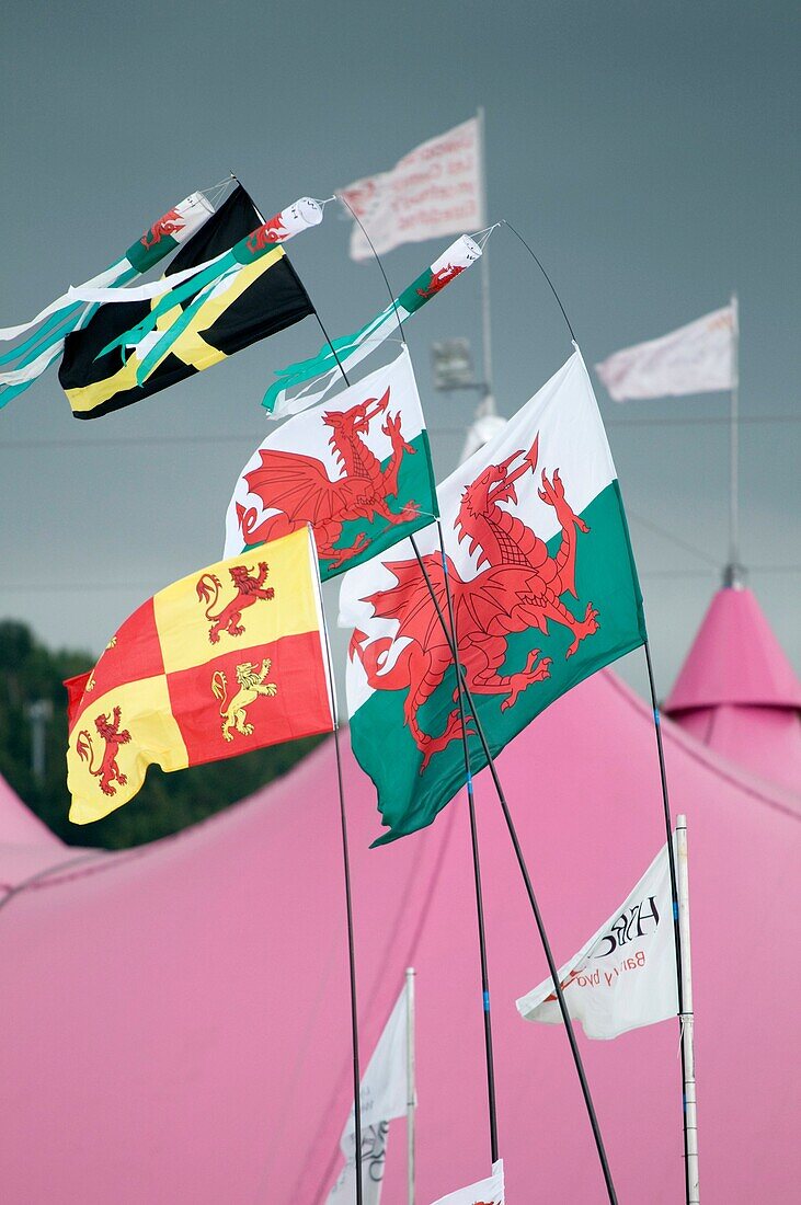 various welsh banners fluttering in the wind at the National Eisteddfod of Wales, Bala, August 2009