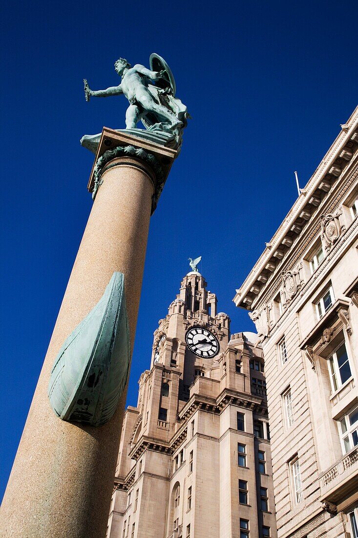 Cunard War Memorial with Liver Building behind Liverpool England