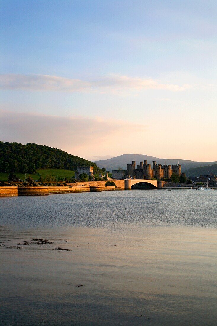 Conway Bridges and Castle across the estuary Conway Wales