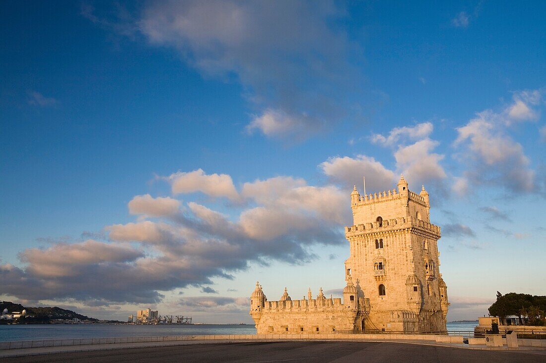 Overview of Tower of Belem at dawn, in Lisboa city, next to the mounth of Tagus river in Atlantic Ocean Portugal