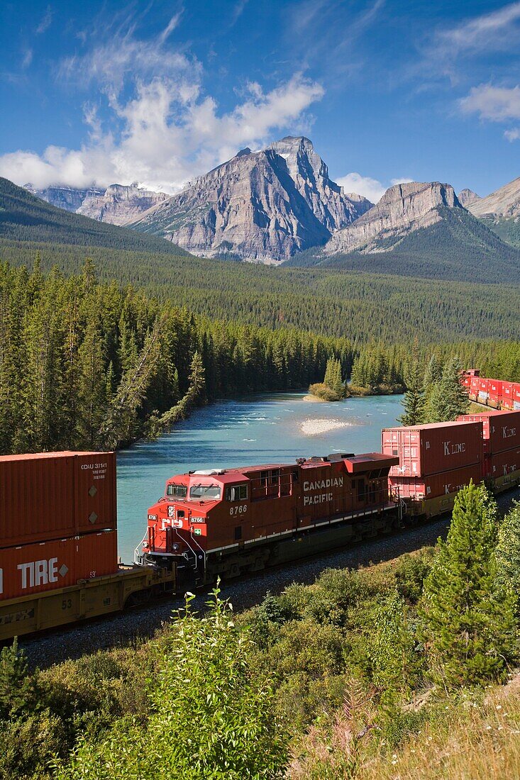 Alberta, Banff National Park, blue sky, Bow River, Canada, Canadian Pacific Railway, Canadian rocky mountains, container, forest, freightliner, freight-train, Goods train, holiday, locomotive, Morant's curve, mountain, north america, northern America, rai
