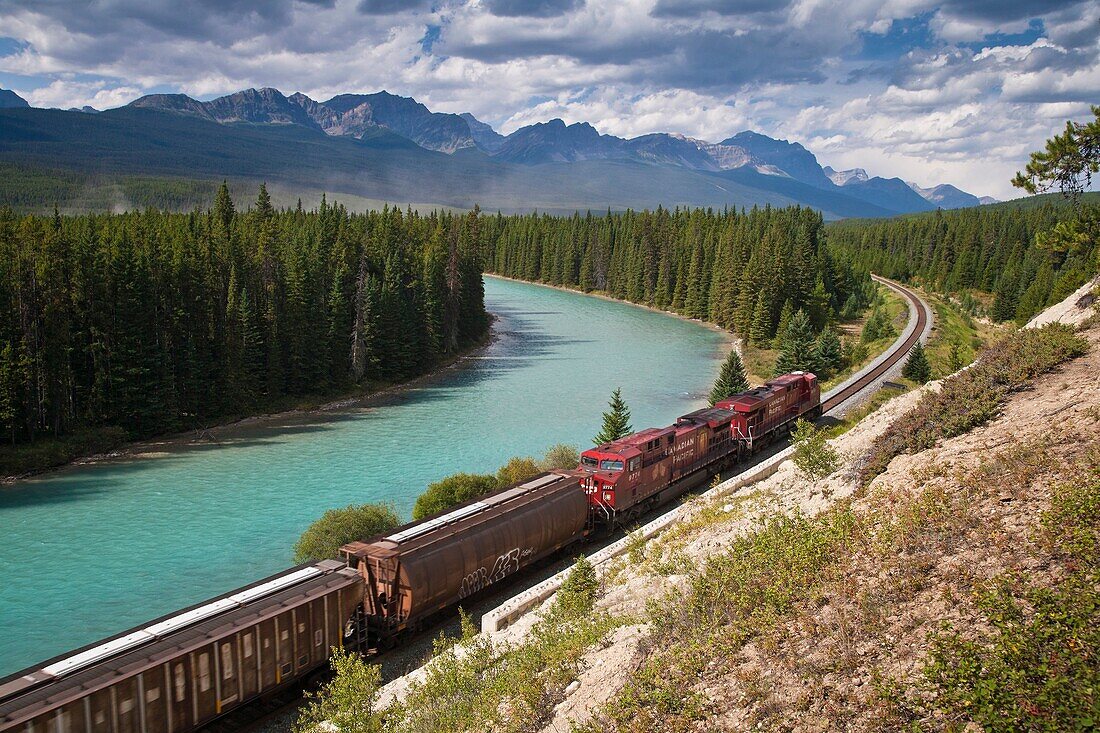 Alberta, Banff National Park, Berg, Bow River, Canadian Pacific Railway, Eisenbahn, Fluss, Freightliner, Güterzug, Horizontal, Kanada, Kanadische rocky mountains, Lokomotive, Muleshoe, Nordamerika, Nord-Amerika, Reise, Rot, Strom, Tourismus, Touristenattr