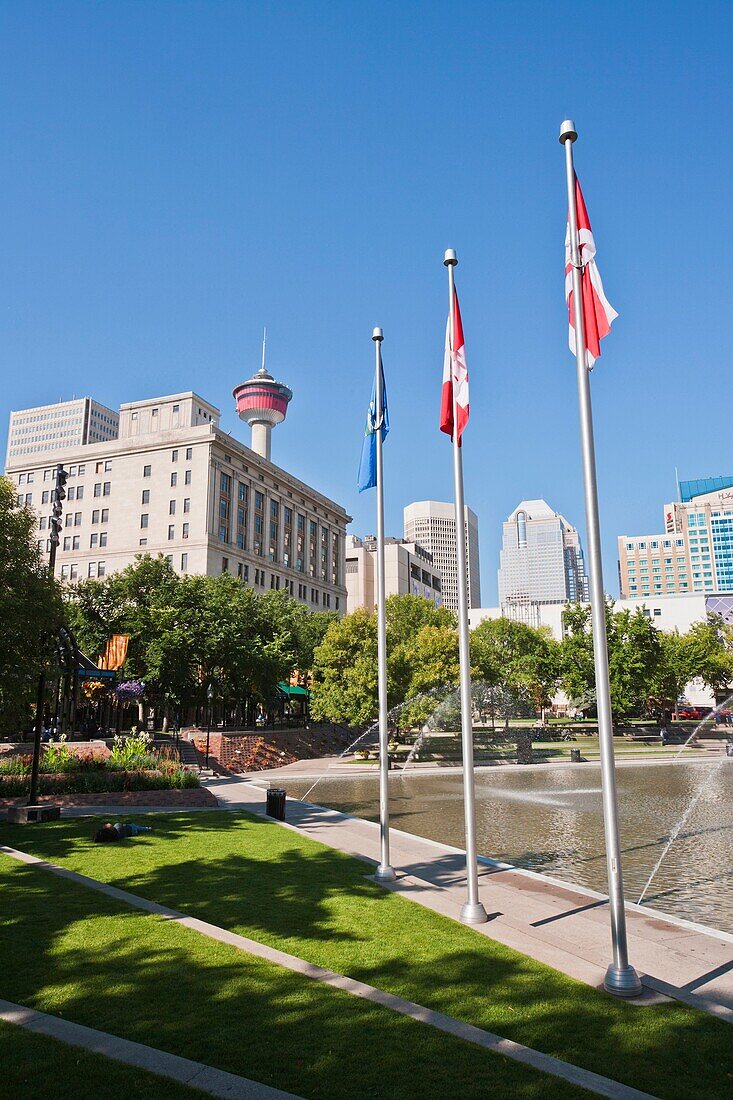 Olympic Plaza with Calgary Tower in Calgary, Alberta, Canada