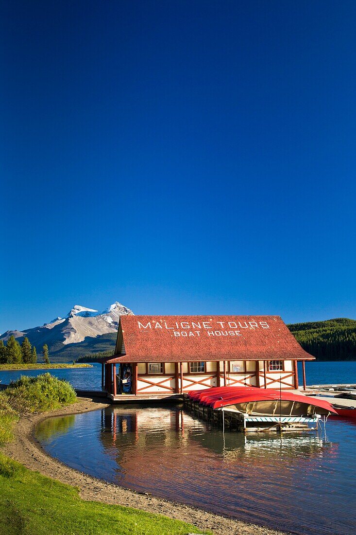 Boathouse at Maligne Lake in the Canadian Rocky Mountains, Jasper National Park, Alberta, Canada