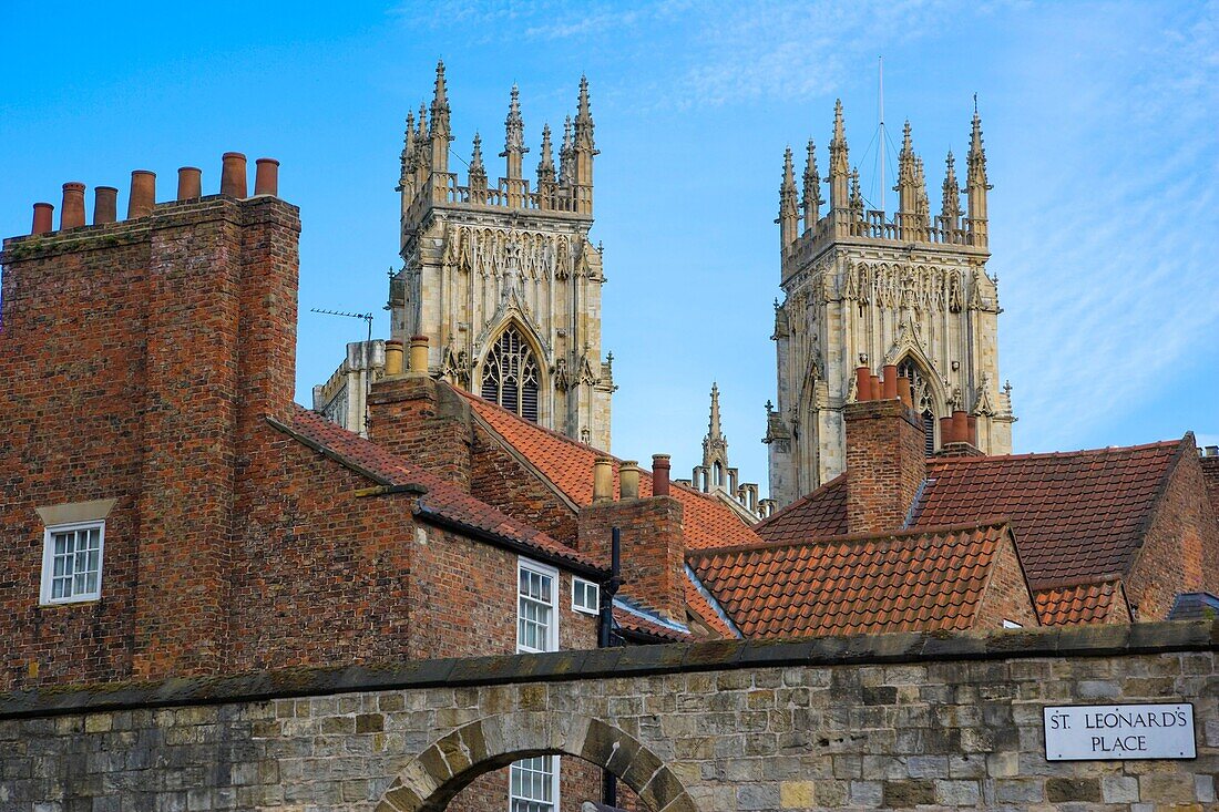 York Minster over the roofs of medieval houses. St Leonard's Place. York. Yorkshire. England. UK.