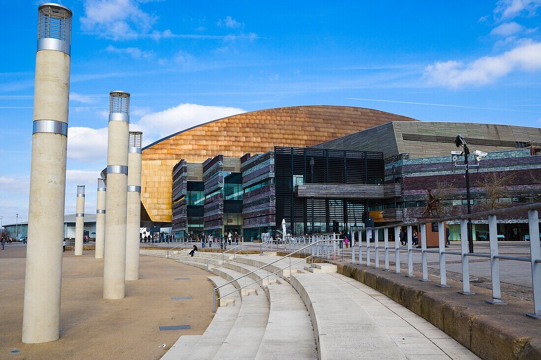 Roald Dahl Plass. Public plaza with The Water Tower and Wales Millennium Centre. Cardiff Bay. Cardiff. Caerdydd. Wales. UK.