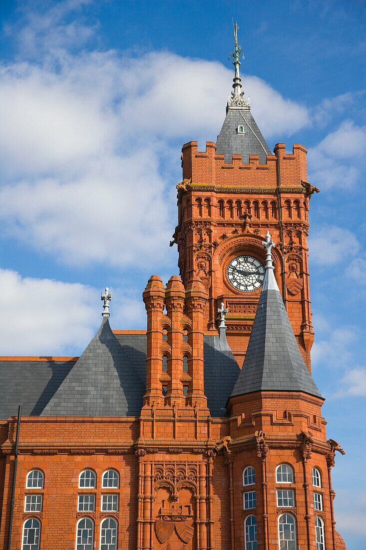 The clock Baby Big Ben. Big Ben of Wales, on The Pierhead Building. Cardiff Bay. Cardiff. Caerdydd. South Glamorgan. Wales. UK.