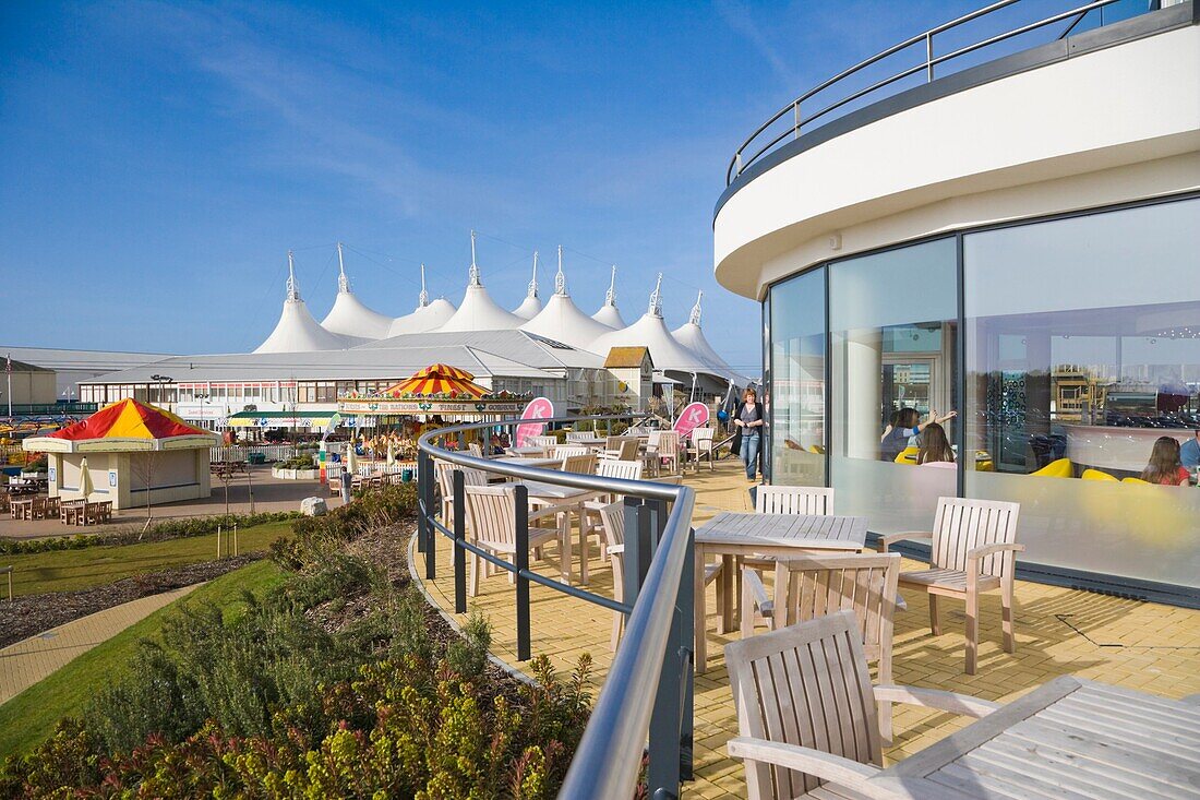 Skyline Pavilion and Funfair from Kaleidoscope bar terrace at Ocean Hotel. Butlins. Bognor Regis. Arun. West Sussex. England. UK.