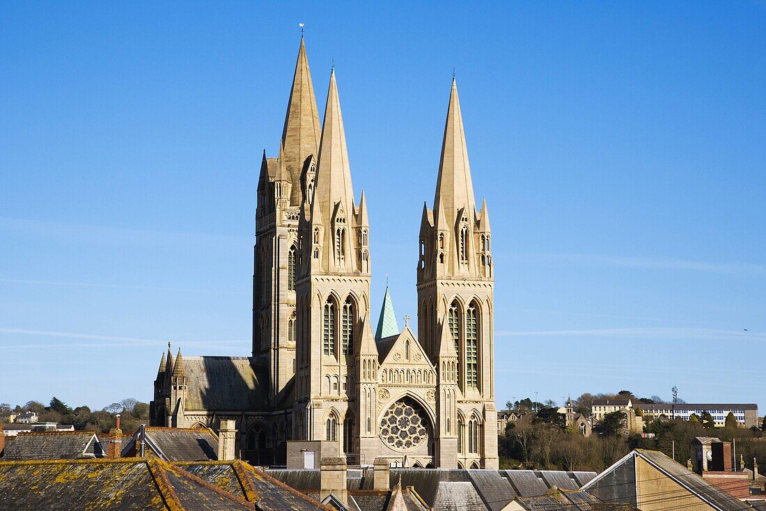 Cathedral over rooftops.Truro. Cornwall. England. UK.
