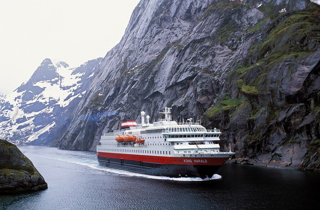 Norway, Nordland, Lofoten Islands, Coastal Steamer Kong Harald in the Trollfjord