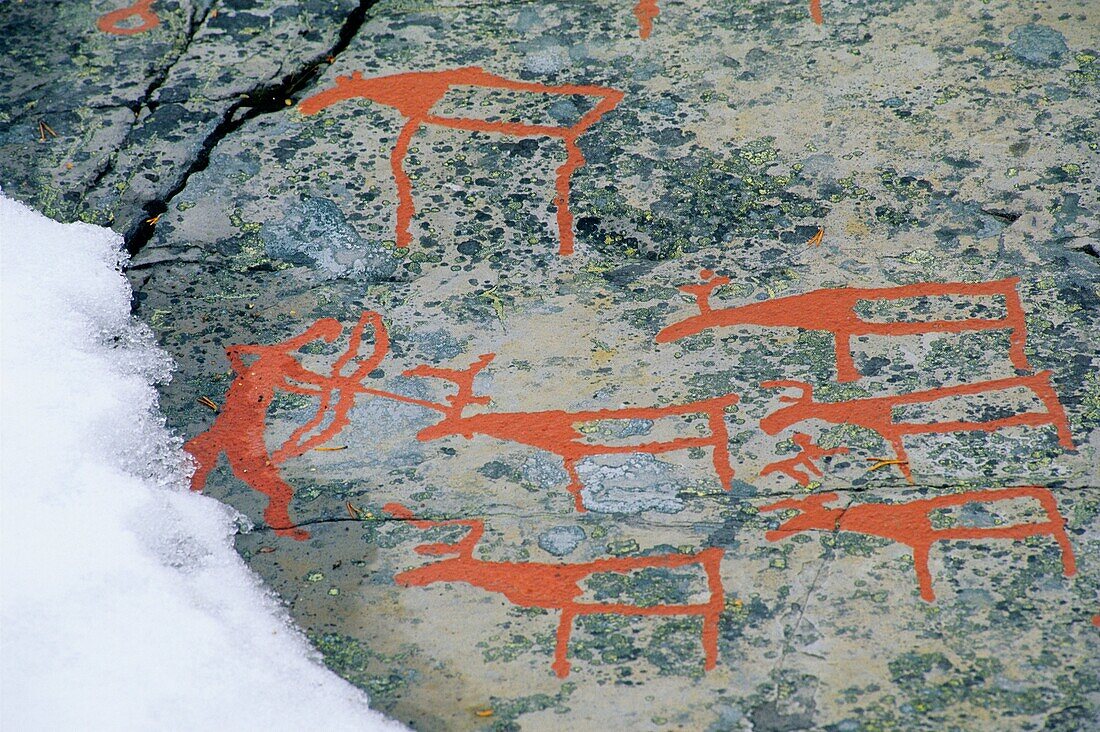 Norway, Finmark, Alta, World Heritage Site, Rocks paintings, Hunter and reindeers