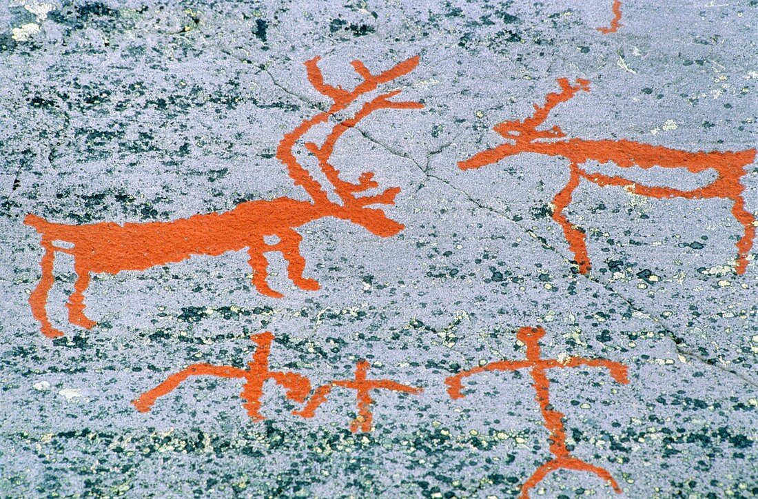 Norway, Finnmark, Alta, World Heritage site, Hjemmeluft prehistoric carvings 7000-3000 BC, Men and reindeer