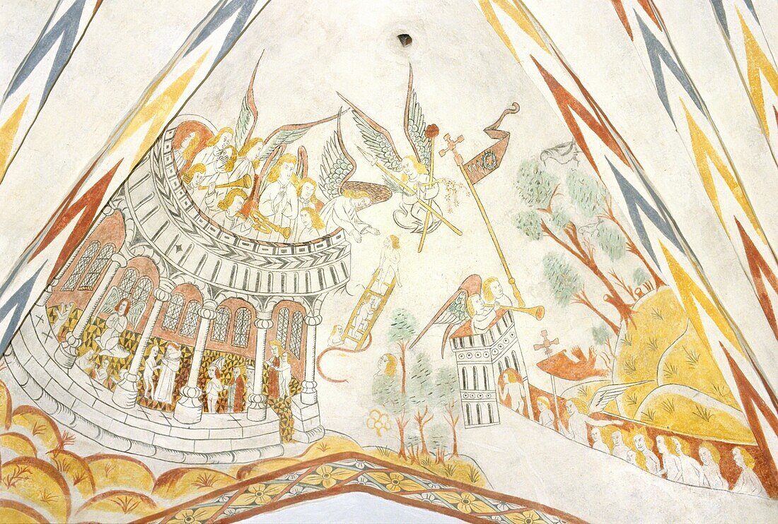 Denmark, Jutland, Silkeborg region, Vinderslev church, 13th century frescoes depicting the Last judgement