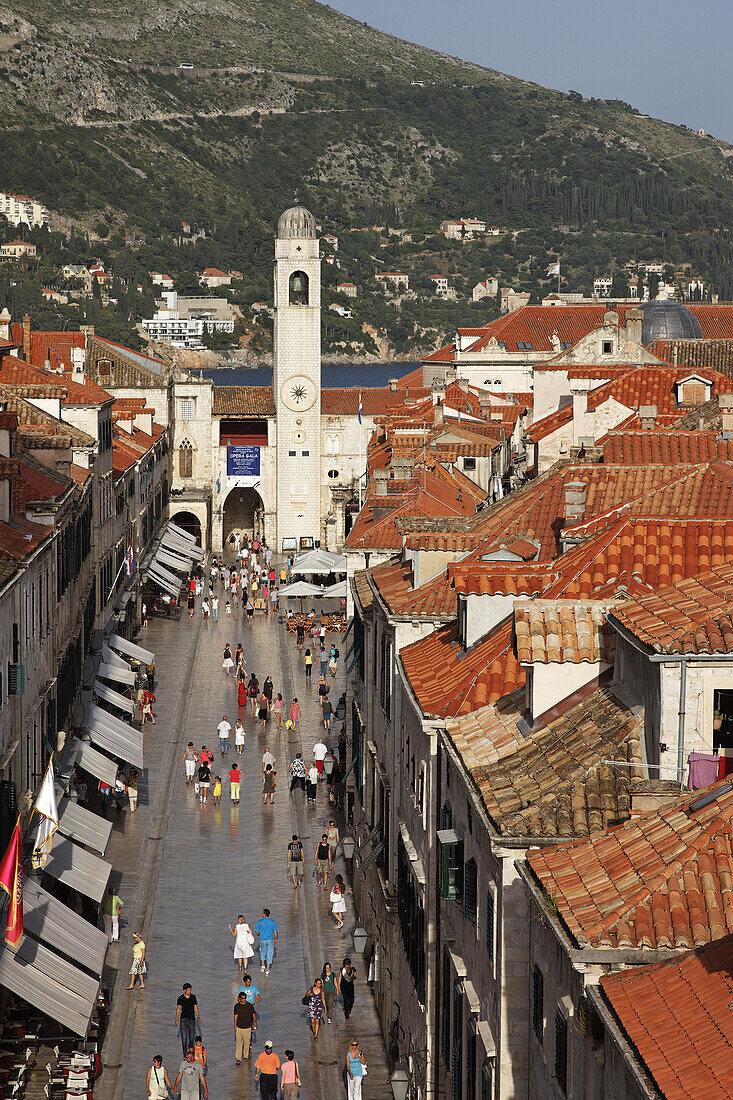 View along Stradun to town hall and clock tower, Old Town, Dubrovnik, Dubrovnik-Neretva county, Dolmatia, Croatia