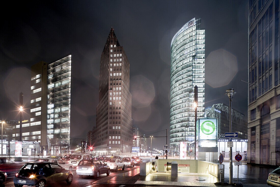 Potsdamer Platz, von links nach rechts, Renzo Piano Tower, Hans Kolhoff Tower, Bahn Tower, Berlin-Mitte, Berlin, Deutschland, Europa