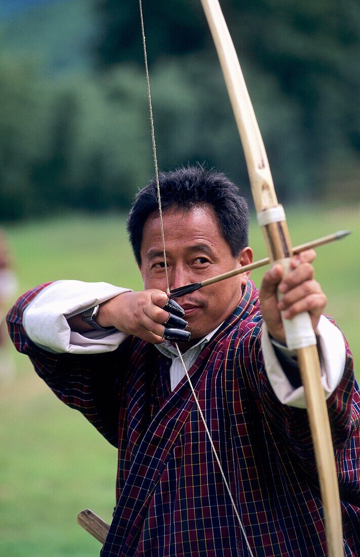Archery, national sport, Paro valley Rinpung Dzong Bhutan