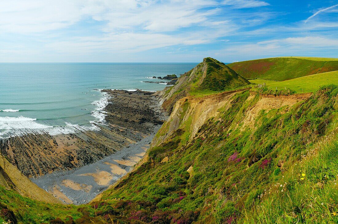 St Catherine's Tor over looking Speke's Mill Mouth on the North Devon Heritage Coast near Hartland Quay, Devon, England, United Kingdom Now mostly eroded by the sea, the Tor is said to have been the site of St Catherine's Chapel from which it derived it'