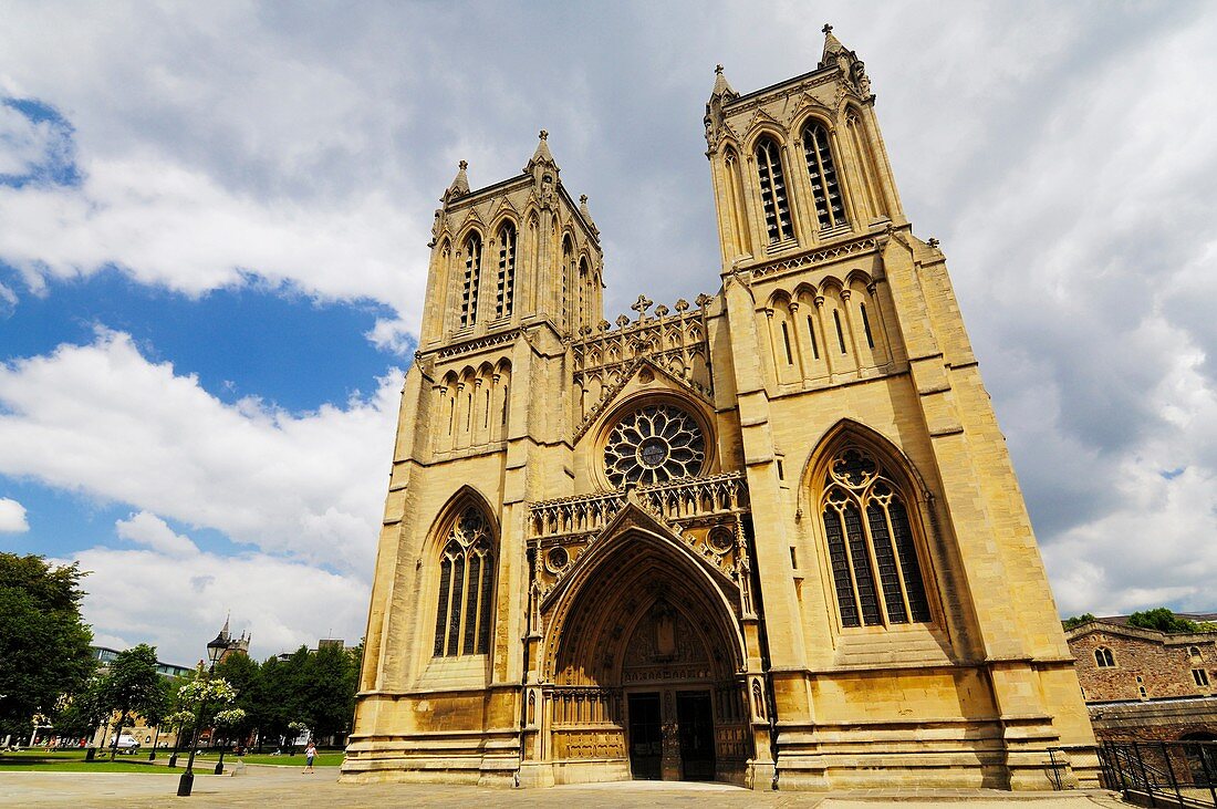 The West face of the Cathedral at College Green in Bristol, England