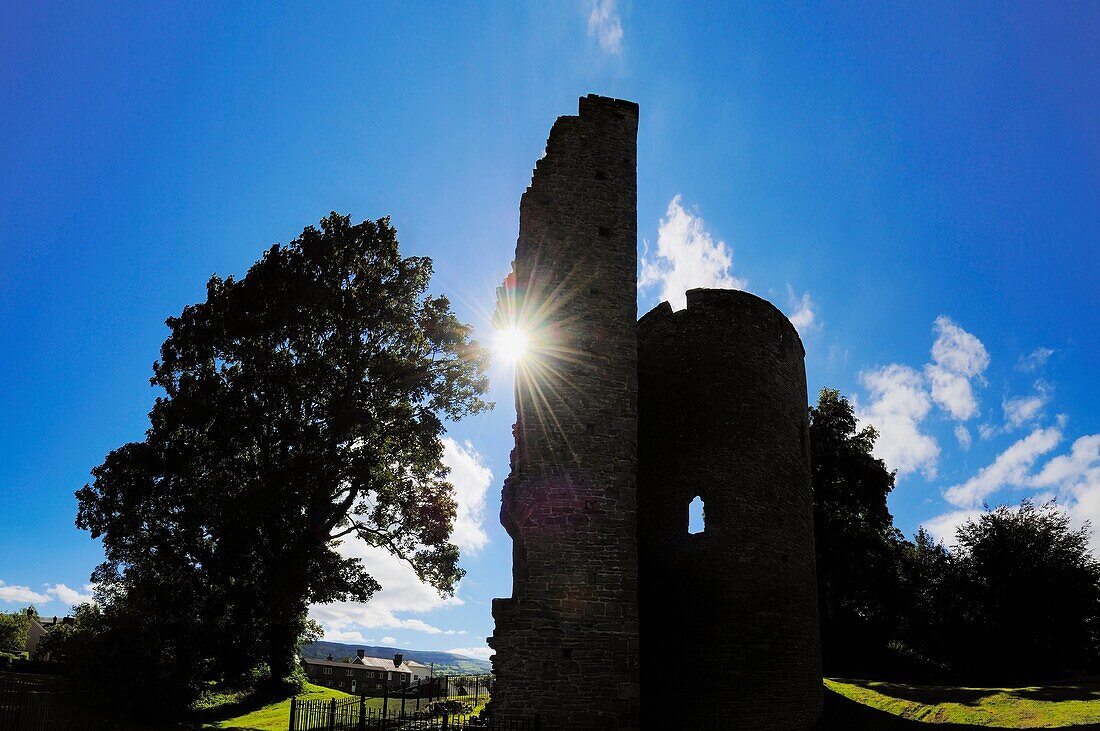 Crickhowell Castle also known as Alisbys Castle in the Welsh town of Crickhowell in the Brecon Beacon National Park, UK