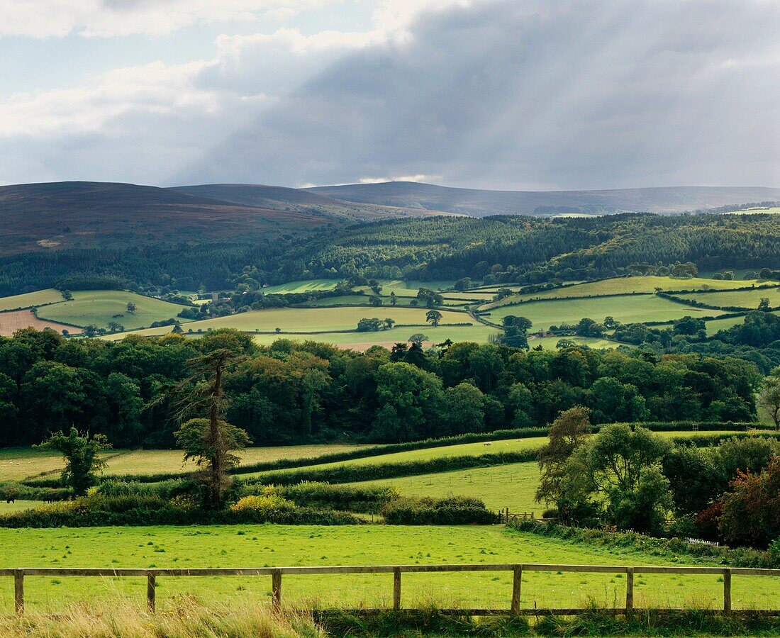 Dunkery Hill and Horner Hill viewed from the village of Selworthy in Exmoor National Park, Somerset, England