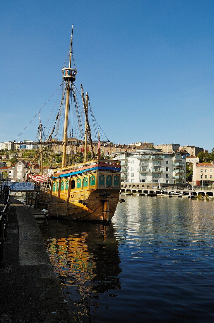 The replica of John Cabot's caravel, The Matthew in it's berth in the Bristol Floating Harbour viewed from Wapping Wharf, Bristol, England, United Kingdom