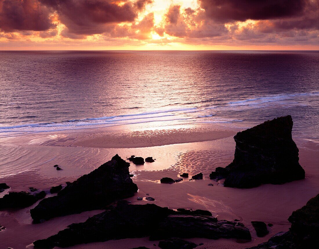 Sunset at Bedruthan Steps on the North Cornwall Coast near Newquay, Cornwall, England, United Kingdom