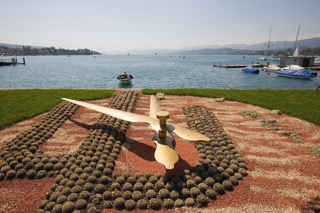 europe, switzerland, zurich, lake of zurich, garden with a clock