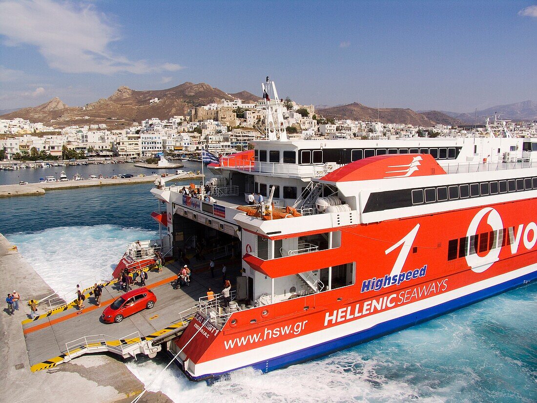 europe, greece, cyclades islands, island of naxos, naxos village, ferry boat
