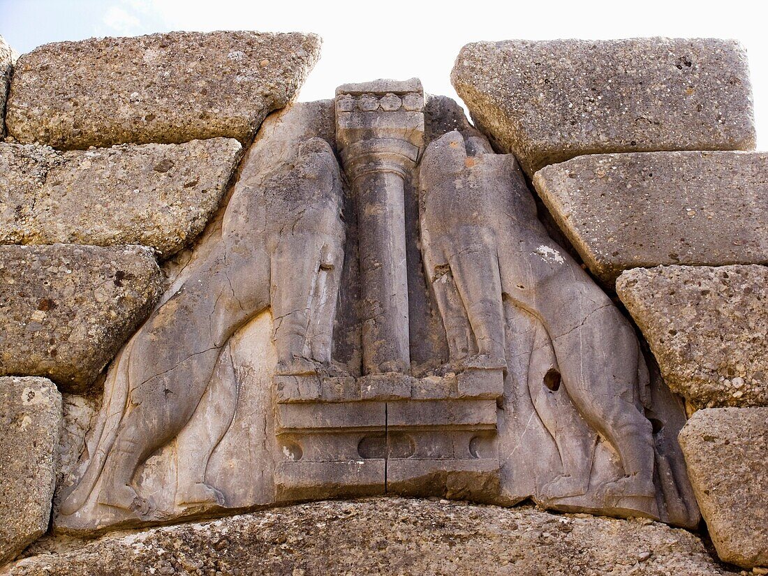 europe, greece, peloponnese, ancient mycenae, archaeological area, gate of the lions, detail