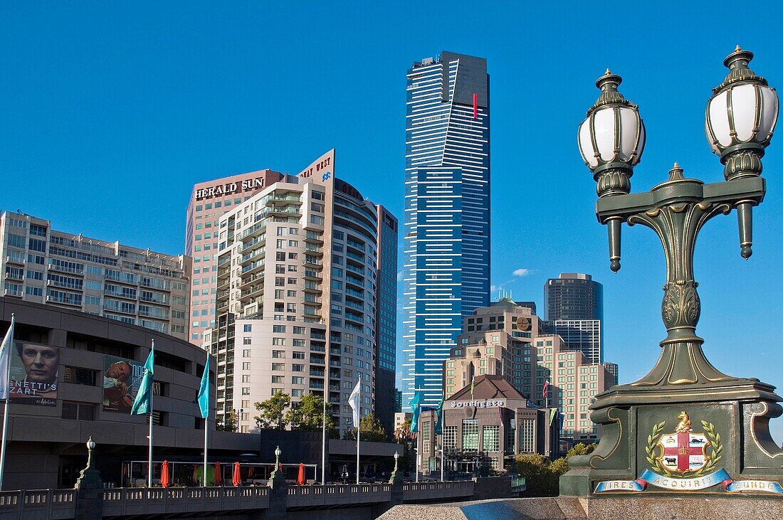 Melbourne skyline from Princes Bridge with city coat of arms on lamp standard