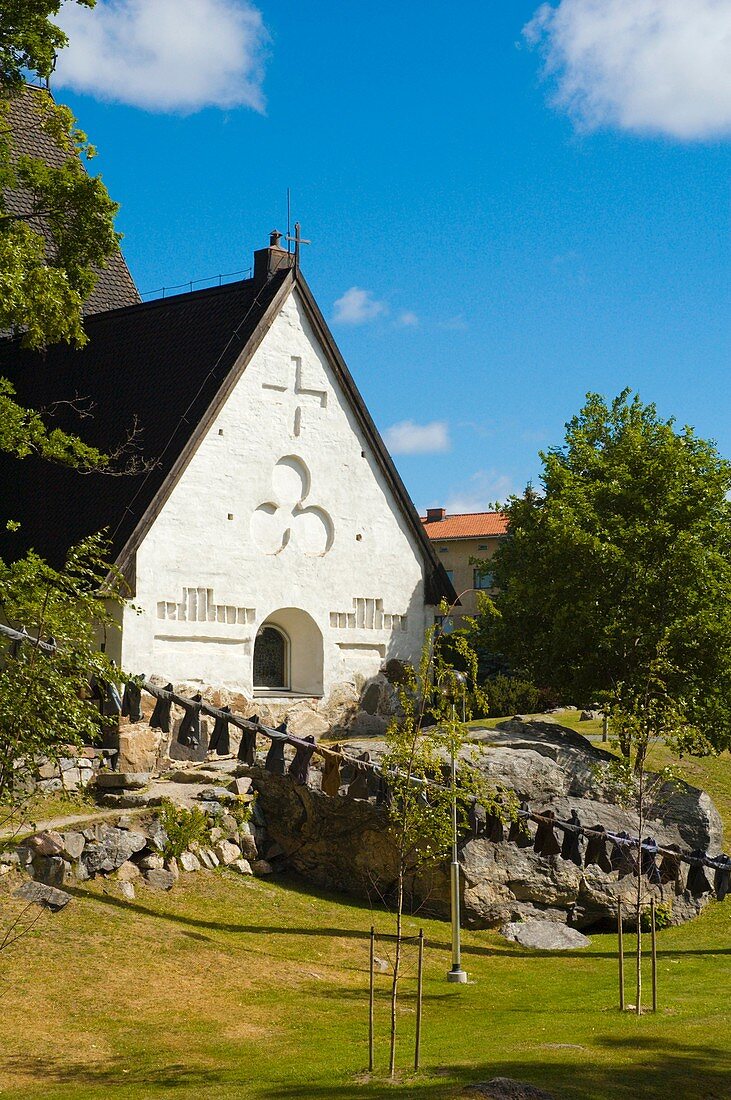Pyhän Ristin Kirkko the Church of Holy Cross with art installation outside Rauma Finland Europe
