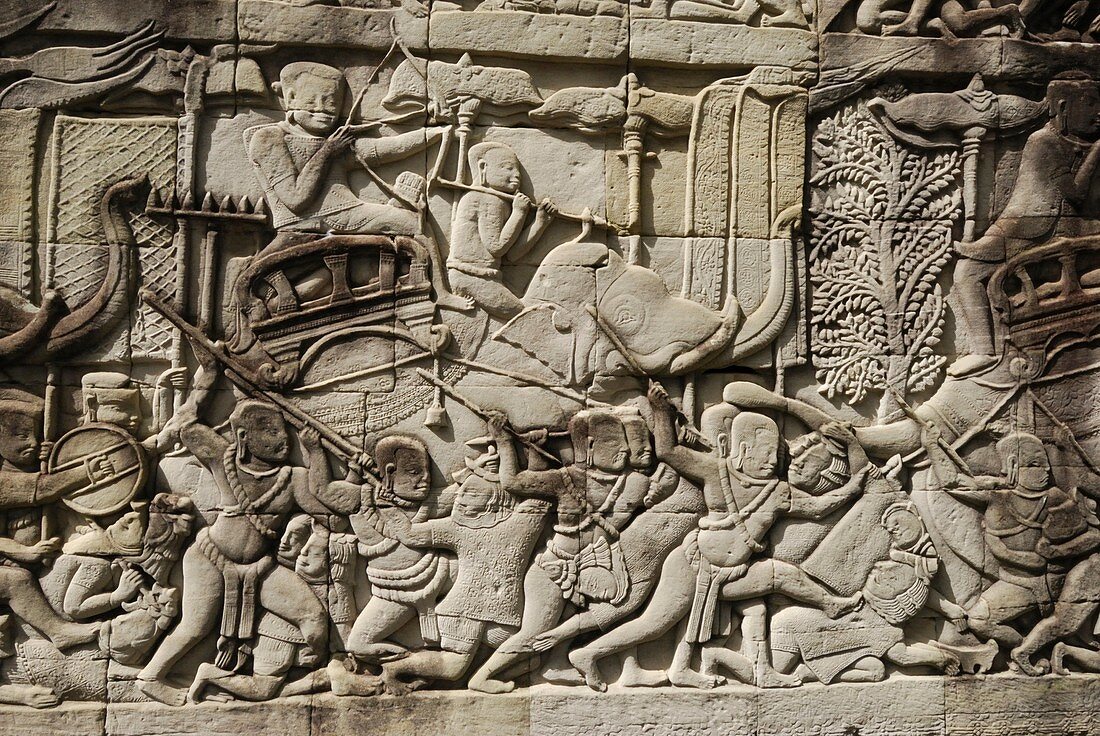 Relief Carving depicting a battle scene at the Bayon Temple, Angkor Thom, Cambodia