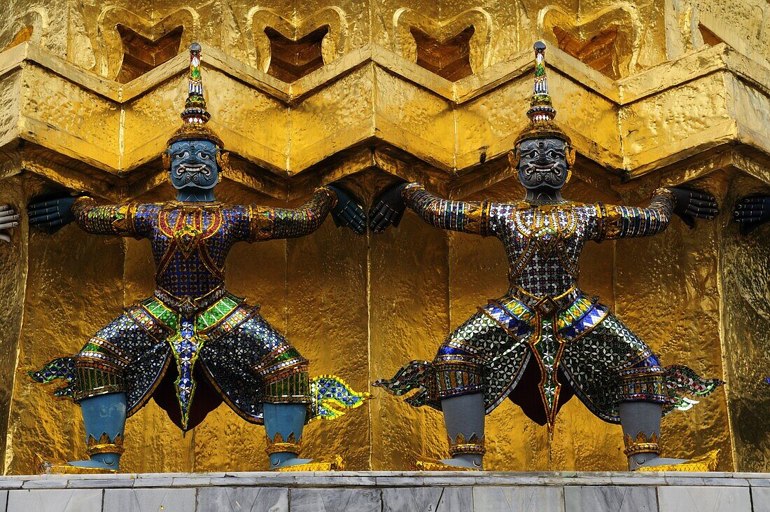 Demons on the Golden Chedi, Wat Phra Kaew, Grand Palace, Bangkok, Thailand, Southeast Asia